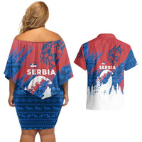 Serbia Christmas Couples Matching Off Shoulder Short Dress and Hawaiian Shirt with Wolf Howling Moon Serbian Flag and Red Blue White Winter Forest Pattern Design - Wonder Print Shop