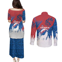 Serbia Christmas Couples Matching Puletasi and Long Sleeve Button Shirt with Wolf Howling Moon Serbian Flag and Red Blue White Winter Forest Pattern Design - Wonder Print Shop