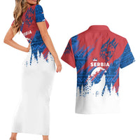 Serbia Christmas Couples Matching Short Sleeve Bodycon Dress and Hawaiian Shirt with Wolf Howling Moon Serbian Flag and Red Blue White Winter Forest Pattern Design - Wonder Print Shop
