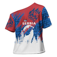 Serbia Christmas Cross Shoulder Shirt with Wolf Howling Moon Serbian Flag and Red Blue White Winter Forest Pattern Design - Wonder Print Shop