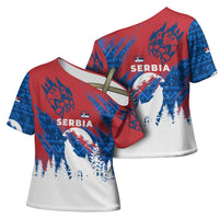 Serbia Christmas Cross Shoulder Shirt with Wolf Howling Moon Serbian Flag and Red Blue White Winter Forest Pattern Design - Wonder Print Shop