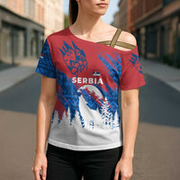 Serbia Christmas Cross Shoulder Shirt with Wolf Howling Moon Serbian Flag and Red Blue White Winter Forest Pattern Design - Wonder Print Shop