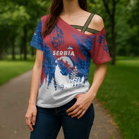 Serbia Christmas Cross Shoulder Shirt with Wolf Howling Moon Serbian Flag and Red Blue White Winter Forest Pattern Design - Wonder Print Shop