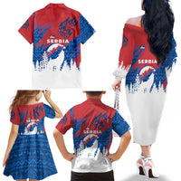 Serbia Christmas Family Matching Off The Shoulder Long Sleeve Dress and Hawaiian Shirt with Wolf Howling Moon Serbian Flag and Red Blue White Winter Forest Pattern Design - Wonder Print Shop