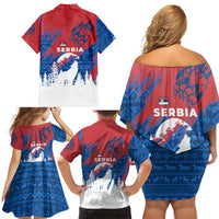 Serbia Christmas Family Matching Off Shoulder Short Dress and Hawaiian Shirt with Wolf Howling Moon Serbian Flag and Red Blue White Winter Forest Pattern Design - Wonder Print Shop