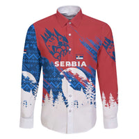 Serbia Christmas Family Matching Short Sleeve Bodycon Dress and Hawaiian Shirt with Wolf Howling Moon Serbian Flag and Red Blue White Winter Forest Pattern Design - Wonder Print Shop