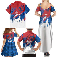 Serbia Christmas Family Matching Summer Maxi Dress and Hawaiian Shirt with Wolf Howling Moon Serbian Flag and Red Blue White Winter Forest Pattern Design - Wonder Print Shop