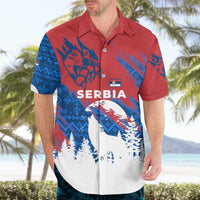Serbia Christmas Hawaiian Shirt with Wolf Howling Moon Serbian Flag and Red Blue White Winter Forest Pattern Design - Wonder Print Shop