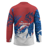 Serbia Christmas Hockey Jersey with Wolf Howling Moon Serbian Flag and Red Blue White Winter Forest Pattern Design - Wonder Print Shop