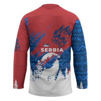 Serbia Christmas Hockey Jersey with Wolf Howling Moon Serbian Flag and Red Blue White Winter Forest Pattern Design - Wonder Print Shop