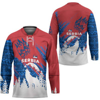 Serbia Christmas Hockey Jersey with Wolf Howling Moon Serbian Flag and Red Blue White Winter Forest Pattern Design - Wonder Print Shop