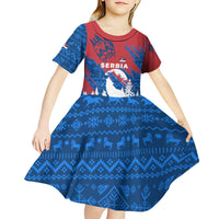 Serbia Christmas Kid Short Sleeve Dress with Wolf Howling Moon Serbian Flag and Red Blue White Winter Forest Pattern Design - Wonder Print Shop