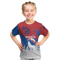 Serbia Christmas Kid T Shirt with Wolf Howling Moon Serbian Flag and Red Blue White Winter Forest Pattern Design - Wonder Print Shop