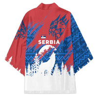 Serbia Christmas Kimono with Wolf Howling Moon Serbian Flag and Red Blue White Winter Forest Pattern Design - Wonder Print Shop