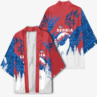 Serbia Christmas Kimono with Wolf Howling Moon Serbian Flag and Red Blue White Winter Forest Pattern Design - Wonder Print Shop