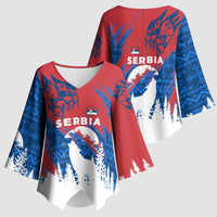 Serbia Christmas Kimono Sleeve Blouse with Wolf Howling Moon Serbian Flag and Red Blue White Winter Forest Pattern Design - Wonder Print Shop