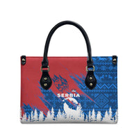 Serbia Christmas Leather Bag with Wolf Howling Moon Serbian Flag and Red Blue White Winter Forest Pattern Design - Wonder Print Shop
