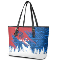 Serbia Christmas Leather Tote Bag with Wolf Howling Moon Serbian Flag and Red Blue White Winter Forest Pattern Design - Wonder Print Shop