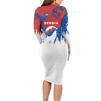 Serbia Christmas Long Sleeve Bodycon Dress with Wolf Howling Moon Serbian Flag and Red Blue White Winter Forest Pattern Design - Wonder Print Shop