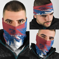 Serbia Christmas Neck Gaiter with Wolf Howling Moon Serbian Flag and Red Blue White Winter Forest Pattern Design - Wonder Print Shop