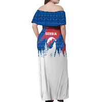 Serbia Christmas Off Shoulder Maxi Dress with Wolf Howling Moon Serbian Flag and Red Blue White Winter Forest Pattern Design - Wonder Print Shop