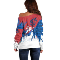 Serbia Christmas Off Shoulder Sweater with Wolf Howling Moon Serbian Flag and Red Blue White Winter Forest Pattern Design - Wonder Print Shop