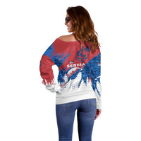 Serbia Christmas Off Shoulder Sweater with Wolf Howling Moon Serbian Flag and Red Blue White Winter Forest Pattern Design - Wonder Print Shop
