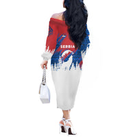 Serbia Christmas Off The Shoulder Long Sleeve Dress with Wolf Howling Moon Serbian Flag and Red Blue White Winter Forest Pattern Design - Wonder Print Shop