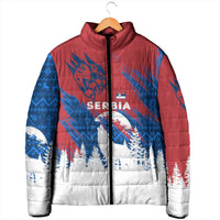Serbia Christmas Padded Jacket with Wolf Howling Moon Serbian Flag and Red Blue White Winter Forest Pattern Design - Wonder Print Shop