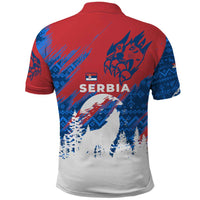 Serbia Christmas Polo Shirt with Wolf Howling Moon Serbian Flag and Red Blue White Winter Forest Pattern Design - Wonder Print Shop
