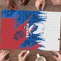 Serbia Christmas Puzzle with Wolf Howling Moon Serbian Flag and Red Blue White Winter Forest Pattern Design - Wonder Print Shop