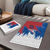 Serbia Christmas Puzzle with Wolf Howling Moon Serbian Flag and Red Blue White Winter Forest Pattern Design - Wonder Print Shop