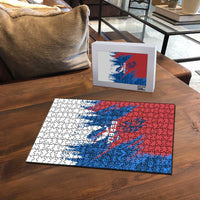 Serbia Christmas Puzzle with Wolf Howling Moon Serbian Flag and Red Blue White Winter Forest Pattern Design - Wonder Print Shop