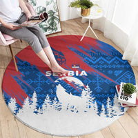 Serbia Christmas Round Carpet with Wolf Howling Moon Serbian Flag and Red Blue White Winter Forest Pattern Design - Wonder Print Shop