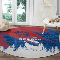 Serbia Christmas Round Carpet with Wolf Howling Moon Serbian Flag and Red Blue White Winter Forest Pattern Design - Wonder Print Shop