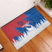 Serbia Christmas Rubber Doormat with Wolf Howling Moon Serbian Flag and Red Blue White Winter Forest Pattern Design - Wonder Print Shop