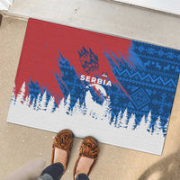 Serbia Christmas Rubber Doormat with Wolf Howling Moon Serbian Flag and Red Blue White Winter Forest Pattern Design - Wonder Print Shop