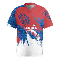 Serbia Christmas Rugby Jersey with Wolf Howling Moon Serbian Flag and Red Blue White Winter Forest Pattern Design - Wonder Print Shop