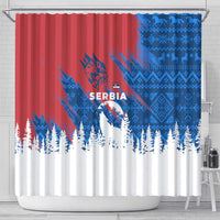 Serbia Christmas Shower Curtain with Wolf Howling Moon Serbian Flag and Red Blue White Winter Forest Pattern Design - Wonder Print Shop