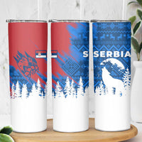 Serbia Christmas Skinny Tumbler with Wolf Howling Moon Serbian Flag and Red Blue White Winter Forest Pattern Design - Wonder Print Shop