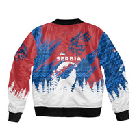 Serbia Christmas Sleeve Zip Bomber Jacket with Wolf Howling Moon Serbian Flag and Red Blue White Winter Forest Pattern Design - Wonder Print Shop