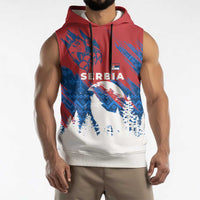 Serbia Christmas Sleeveless Hoodie with Wolf Howling Moon Serbian Flag and Red Blue White Winter Forest Pattern Design - Wonder Print Shop