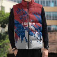 Serbia Christmas Sleeveless Puffer Jacket with Wolf Howling Moon Serbian Flag and Red Blue White Winter Forest Pattern Design - Wonder Print Shop