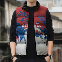 Serbia Christmas Sleeveless Puffer Jacket with Wolf Howling Moon Serbian Flag and Red Blue White Winter Forest Pattern Design - Wonder Print Shop