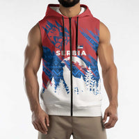 Serbia Christmas Sleeveless Zip Hoodie with Wolf Howling Moon Serbian Flag and Red Blue White Winter Forest Pattern Design - Wonder Print Shop