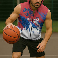 Serbia Christmas Sleeveless Zip Hoodie with Wolf Howling Moon Serbian Flag and Red Blue White Winter Forest Pattern Design - Wonder Print Shop