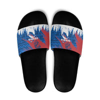 Serbia Christmas Slide Sandals with Wolf Howling Moon Serbian Flag and Red Blue White Winter Forest Pattern Design - Wonder Print Shop