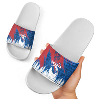 Serbia Christmas Slide Sandals with Wolf Howling Moon Serbian Flag and Red Blue White Winter Forest Pattern Design - Wonder Print Shop
