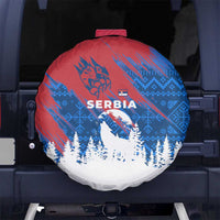 Serbia Christmas Spare Tire Cover with Wolf Howling Moon Serbian Flag and Red Blue White Winter Forest Pattern Design - Wonder Print Shop