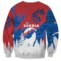 Serbia Christmas Sweatshirt with Wolf Howling Moon Serbian Flag and Red Blue White Winter Forest Pattern Design - Wonder Print Shop